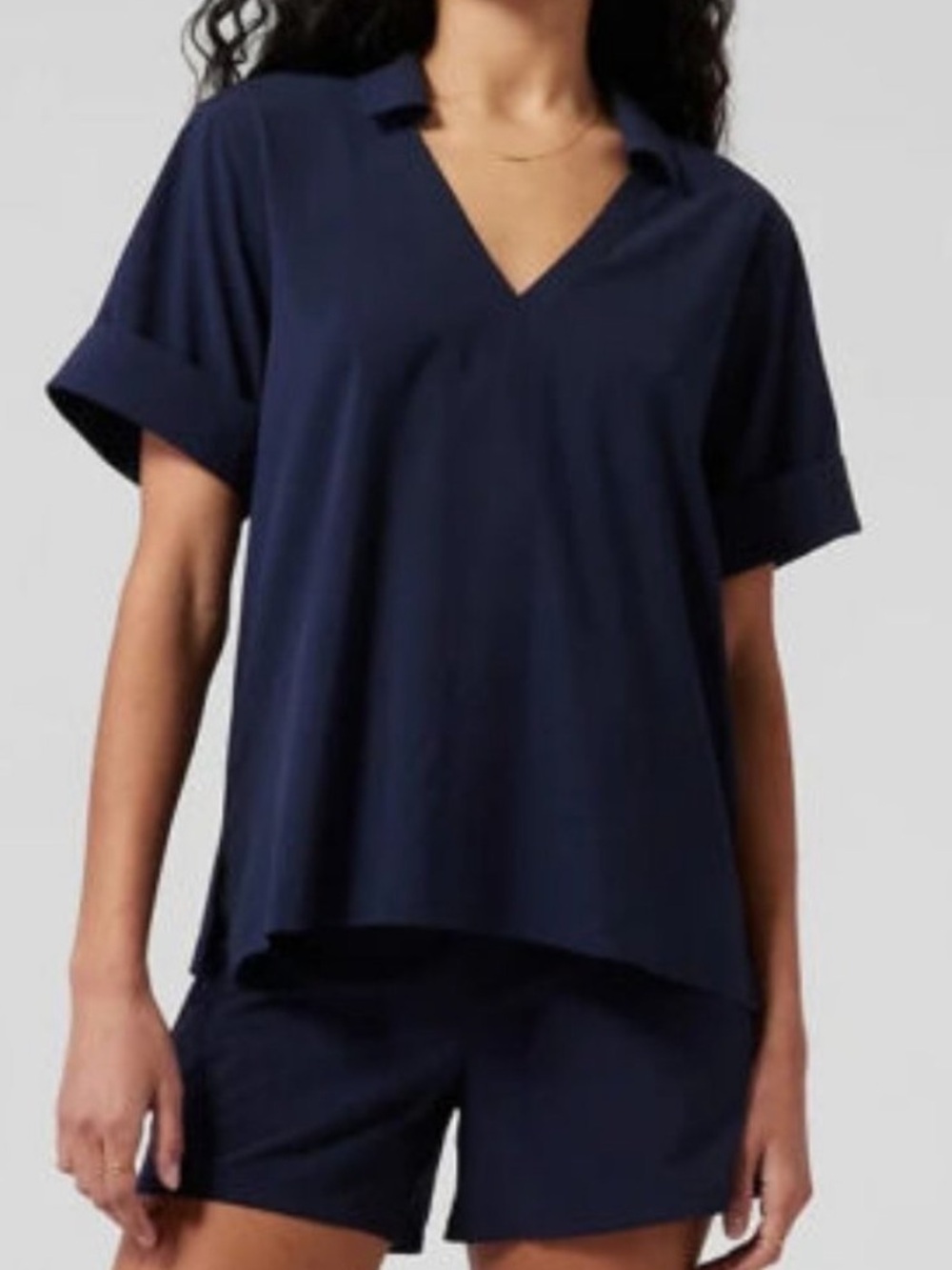 Athleta Navy V-Neck Short Sleeve Collared Top